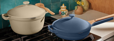 Our Place - Black Friday Sale  - Cookware Collection Page - Always Pan in Blue Salt, Always Pan in Spice, Always Pan in Sage, Tagine in Midnight Marble and Spruce Steamer.