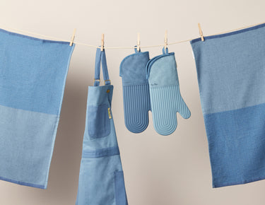 blue salt double dish towels, home cook apron and hot mitts set